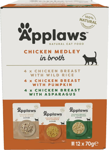 Applaws 100% Natural Wet Cat Food, Pouch Multipack Chicken Selection In Broth 70G, (12 X 70 G Pouches)8252Ce-A