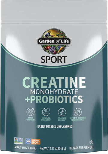 Garden Of Life Creatine Monohydrate Powder For Women And Men, Micronized Pre Workout With Probiotics For Muscle, Strength, Performance, Sport Amino Energy, About 60 Easy To Mix Unflavored Servings