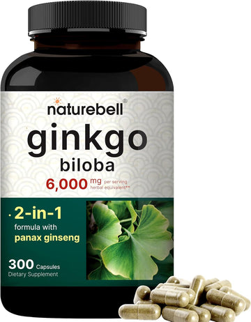 Naturebell Ginkgo Biloba 6,000Mg With Panax Ginseng 500Mg Per Serving | 300 Capsules β Max Strength Ginko Biloba Extract Supplements - Promotes Memory, Focus, And Brain Health