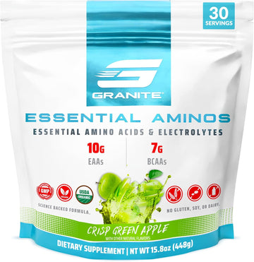 Granite 10G Essential Amino Acids Powder (30 Servings) Muscle Recovery Supplement For Muscle Growth - 7G Bcaa Powder With Electrolytes, Soy And Gluten-Free, Made In Usa, Green Apple Flavor