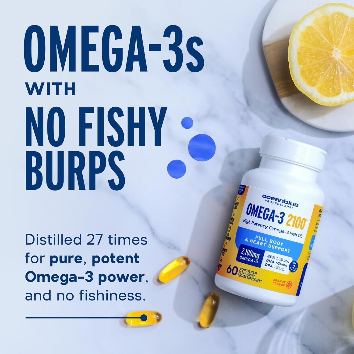 Oceanblue Professional Omega-3 2100 Minis – 120 Ct – Triple Strength Burpless Fish Oil Supplement With High-Potency Epa, Dha, Dpa – Orange Flavor (30 Servings) : Health & Household