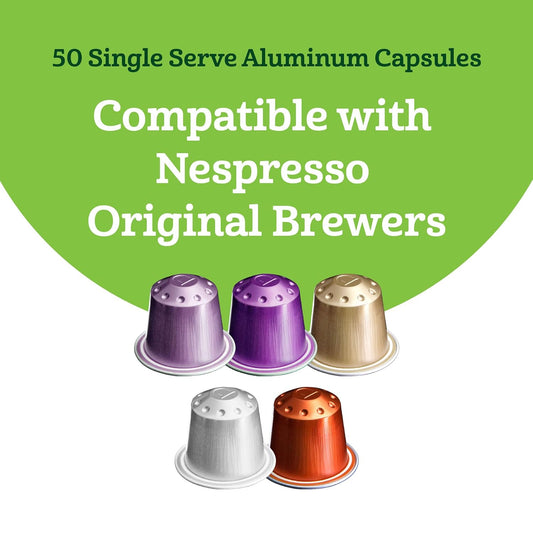 Amazon Fresh Espresso Dark, Medium & Light Roast Aluminum Capsules, Variety Pack, Compatible With Nespresso Original Brewers, 50 Count (5 Packs Of 10)