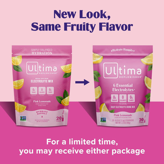 Ultima Replenisher Daily Electrolyte Drink Mix β Pink Lemonade, 20 Stickpacks β Hydration Packets With 6 Electrolytes & Trace Minerals β Keto Friendly, Vegan, Non-Gmo & Sugar-Free Electrolyte Powder