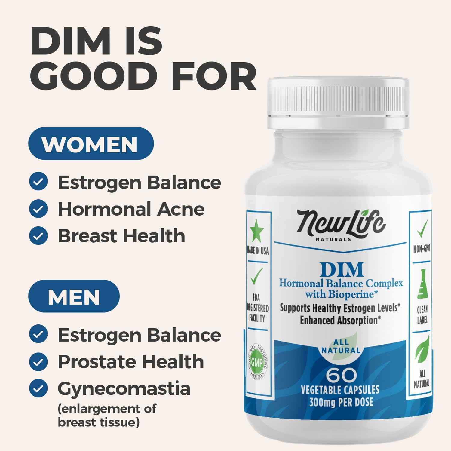 NewLife Naturals DIM Supplement 300mg for Women & Men - Hormonal Acne, Estrogen Balance Pills, Post Menopause Relief | Healthy Estrogen Level | Hormonal Balance - Bioperine | PCOS - 120ct : Health & Household