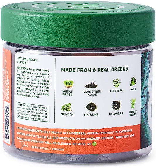 8Greens Daily Greens Gummies - Superfood Booster, Energy & Immune Support, Made With Real Greens, High In Antioxidants, Greens Powder, Vitamin C, B12, Spirulina, Peach Flavored, 50 Vegan Gummies