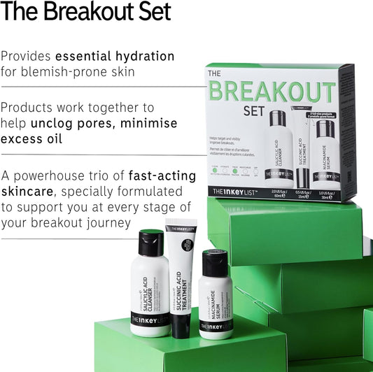 The Inkey List Breakout Set, Salicylic Acid Cleanser, Niacinamide Serum & Succinic Acid Treatment, Nourishing Skincare Set, Targets Breakouts, Suitable For Blemish Prone Skin