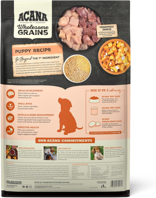 Acana Wholesome Grains Dry Dog Food, Puppy Recipe, Real Chicken, Eggs And Turkey Dog Food Recipe, 11.5Lb
