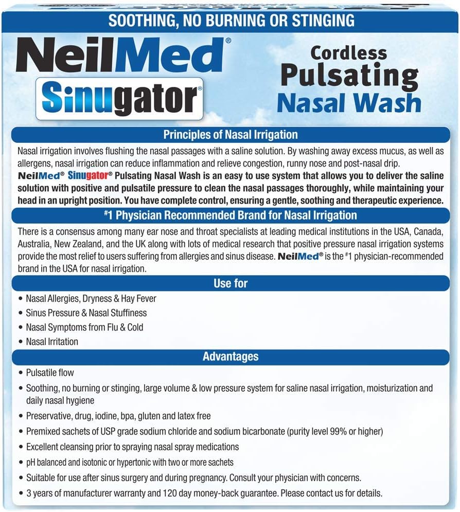 NeilMed Sinugator Cordless Pulsating Nasal Irrigator (Dual Speed) with 30 Premixed Packets and 3 AA Batteries - Black
