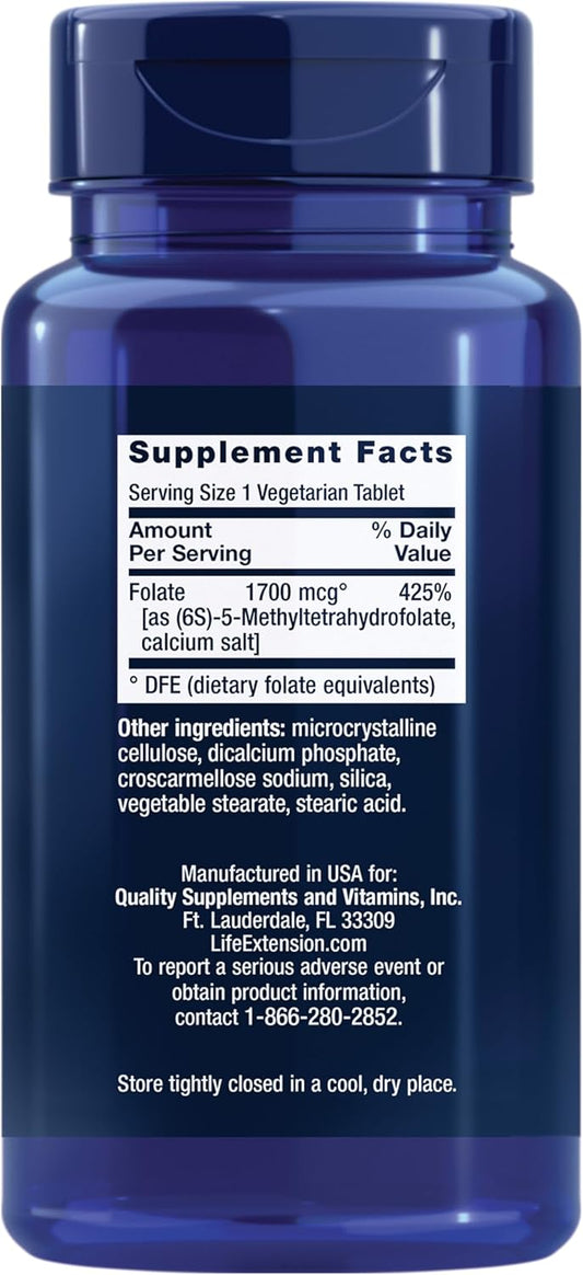 Life Extension Optimized Folate – L-Methylfolate – Heart & Brain Support, Healthy Homocysteine Levels – Non-Gmo, Gluten-Free, Vegetarian – 1700 Mcg Dfe, 100 Vegetarian Tablets