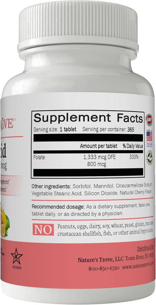 Nature'S Trove Folic Acid 800 Mcg (B9 Vitamin) 365 Ez Chew Tablets Cherry Flavor