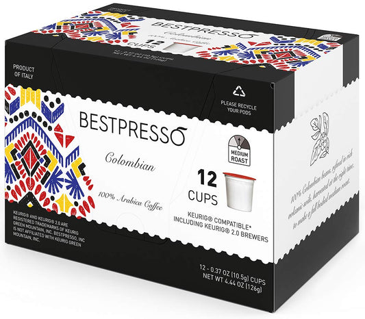 Bestpresso Coffee, Colombian Medium Roast Single Serve K-Cup Pods, 96 Count (Compatible With 2.0 Keurig Brewers) 8 Packs Of 12 Cups