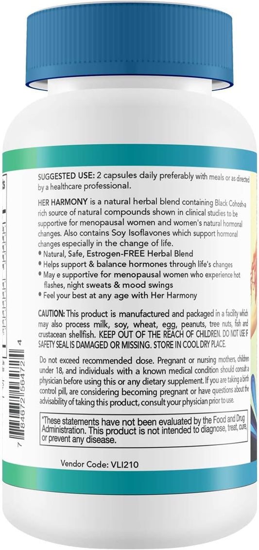 Her Harmony Menopause Supplements For Women - Hot Flashes Menopause Relief & Hormone Balance For Women - Contains Black Cohosh, Dong Quai, Red Clover & More - Estrogen Free - 60 Capsules