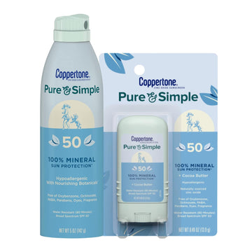 Coppertone Pure and Simple Zinc Oxide Mineral Sunscreen Spray + Stick Sunscreen SPF 50 Bundle, Broad Spectrum SPF 50 Sunscreen Pack (5 Oz Spray + 0.49 Oz Stick),2 Count(Pack of 1)