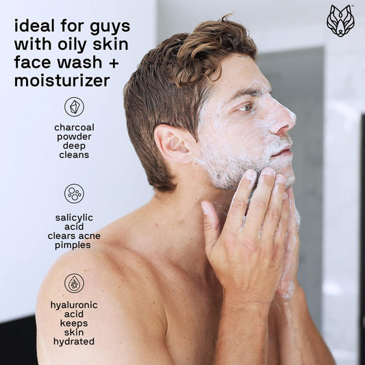 Black Wolf Face Wash and Oil-Free Moisturizer Gel Bundle for Oily Skin, Deep Clean- 2pc Bundle- Charcoal Powder and Salicylic Acid Reduce Acne Breakouts and Cleanse Your Skin- Gift Set for Men