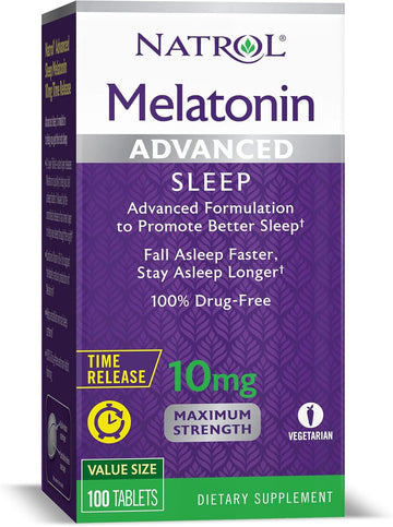 Natrol Advanced Sleep Melatonin 10Mg, Dietary Supplement For Restful Sleep, 100 Time-Release Tablets, 100 Day Supply - (Pack Of 12)