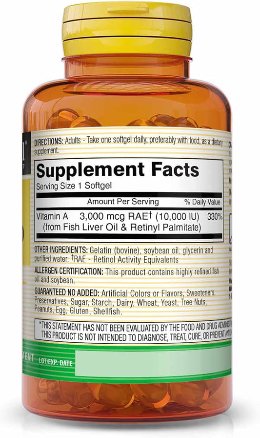 Mason Natural Vitamin A 3,000 Mcg 10000 Iu From Fish Liver Oil, Promotes Healthy Vision, Supports A Healthy Immune System, Essential Nutrient, Softgels, Yellow, 100 Count, Pack Of 3