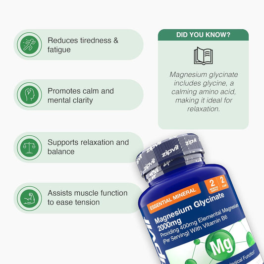 Zipvit Magnesium Glycinate 2000Mg With 400Mg Elemental, Plus Vitamin B6, 120 Vegan Tablets, High Strength Magnesium Supplements