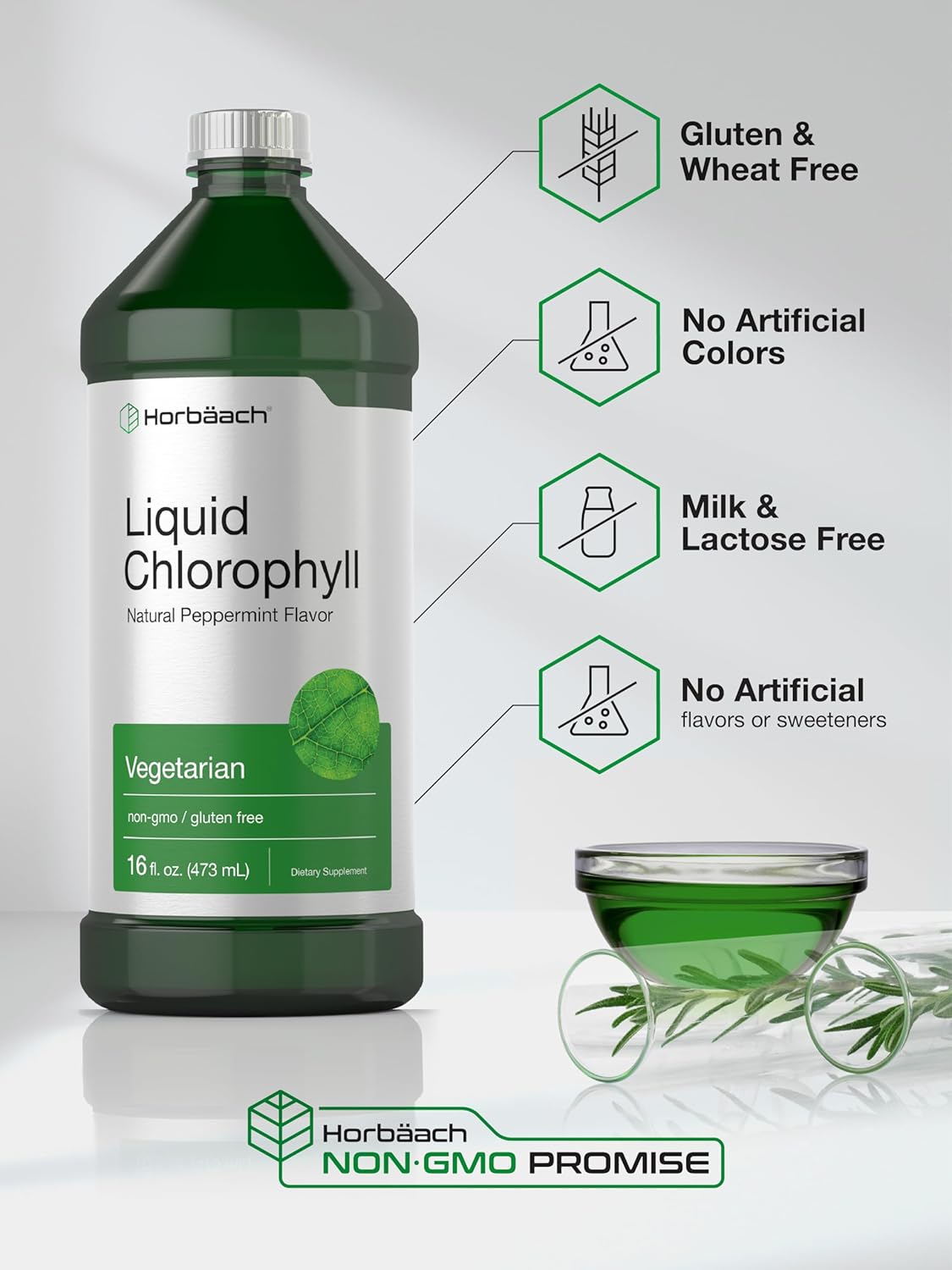 Horbäach Chlorophyll Liquid Drops | 100Mg | 32 Oz (2 X 16 Oz Bottles) | Natural Peppermint Flavor | Vegetarian, Non-Gmo, Gluten Free Supplement : Health & Household