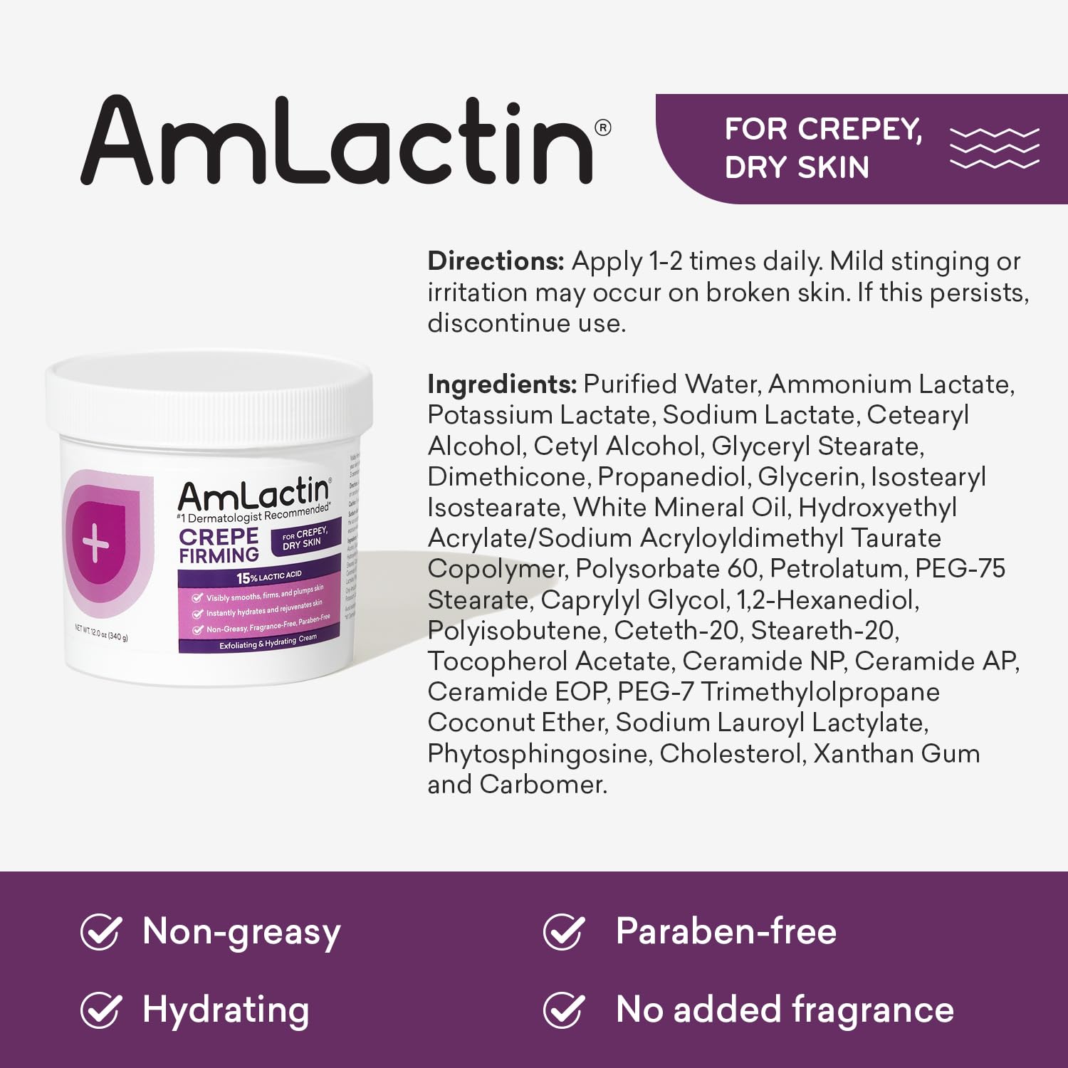 AmLactin Crepe Firming Cream - 12 oz Body Cream with 15% Lactic Acid - Exfoliator and Moisturizer for Crepey, Dry Skin?