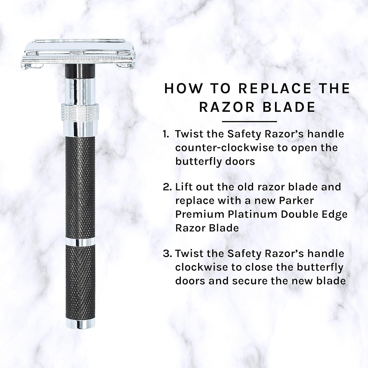 Parker, 96R Graphite Gray Long Handle Butterfly Open Double Edge Safety Razor For Men, 5 Parker Premium Platinum Double Edge Razor Blades Included : Beauty & Personal Care