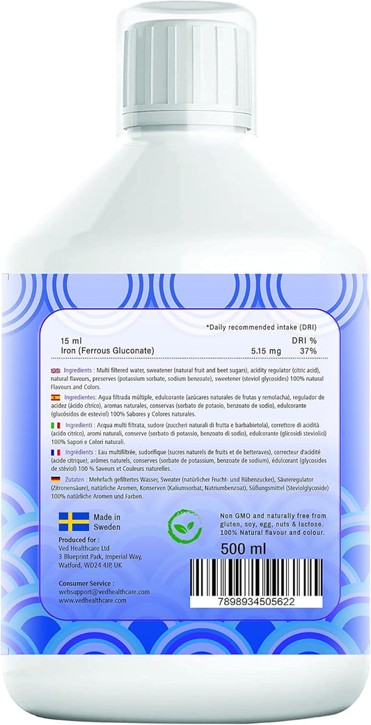 Liquid Iron Supplement - Bluetone, Suitable For Vegans And Vegetarians, Iron Supplement, Natural Iron In Mixed Fruit Flavor - 500 Ml, 15 Ml Dose Per Day, 33 Doses