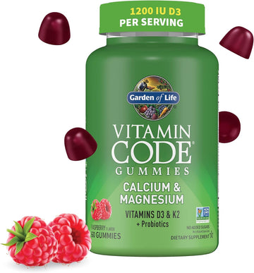 Calcium Magnesium Gummies With D3 & K2, Supports Bone Health & Bone Strength + Prebiotics & Probiotics For Digestive Support, Vitamin Code, Non-Gmo, Gluten-Free, 60 Raspberry Gummies, 30 Day Supply