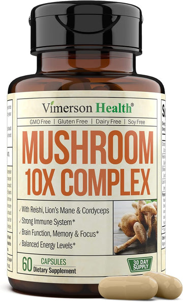 10-In-1 Mushroom Supplement With Lions Mane, Turkey Tail, Cordyceps, Chaga, Reishi & More - Nootropic Brain Supplements For Memory & Focus. 10 Mushroom Complex Supports Immune System & Energy. 60 Caps
