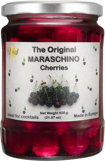 Ved Gourmet Original Maraschino Cherries - Italian Cherry For Old-Fashioned Cocktails - Vegan Cocktail, Bourbon Cherries In Natural Syrup For Cocktail Garnish - 620Gjar