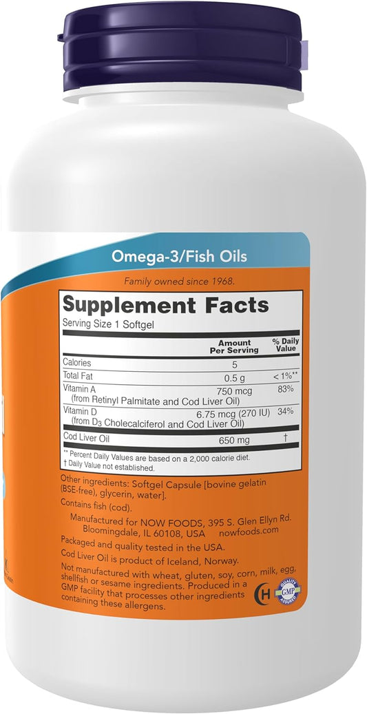 Now Foods Supplements, Cod Liver Oil 650 Mg, Excellent Source Of Vitamins A And D-3, 250 Softgels