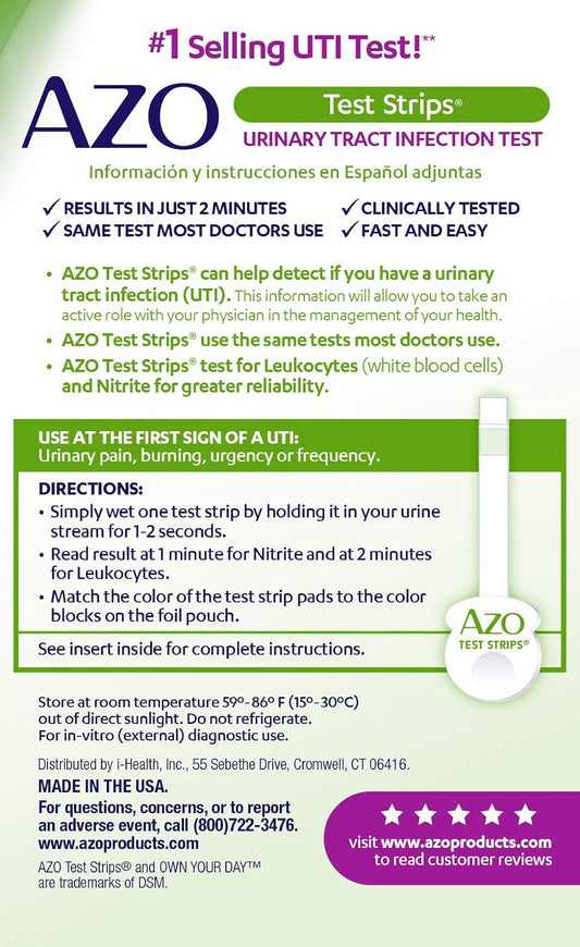 Azo Urinary Tract Infection (Uti) Test Strips, Accurate Results In 2 Minutes, Clinically Tested, Easy To Read Results, Clean Grip Handle, #1 Most Trusted Brand, 3 Count