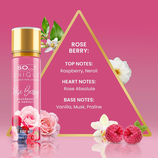 So... Unique Rose Berry Body Mist - Floral, Fruity Body Spray For Women - Vegan Perfume For Women With Rose, Vanilla, Musk Notes - 5.1 Oz