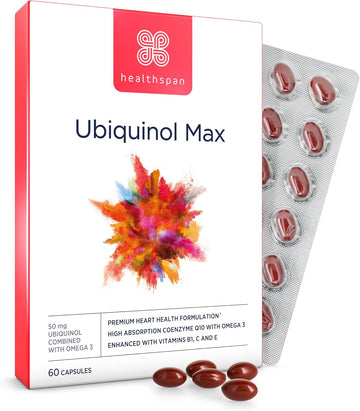 Healthspan Ubiquinol Max | 60 Capsules | With Vitamin C & Vitamin B1 | Tocotrienol Complex | Omega 3 Fish Oil | 280Mg Coq10