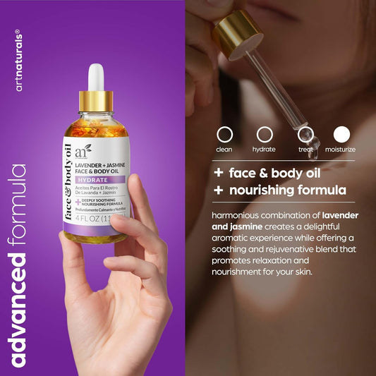 Artnaturals Organic Lavender + Jasmine Face Oil 4.0Oz - For Body & Hair - 100% Natural, Moisturize, Rejuvenate & Enhance Your Skin - Anti-Aging Moisturizer Facial Oil For Fine Lines, Scars & Wrinkles