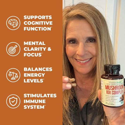 10-In-1 Mushroom Supplement With Lions Mane, Turkey Tail, Cordyceps, Chaga, Reishi & More - Nootropic Brain Supplements For Memory & Focus. 10 Mushroom Complex Supports Immune System & Energy. 60 Caps