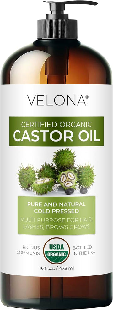 velona USDA Certified Organic Castor Oil - 16 oz (With Pump) | For Hair Growth, Boost Eyelashes, Eyebrows | Cold pressed, Natural Oil, USP Grade | Hexane Free, Lash Serum, Caster