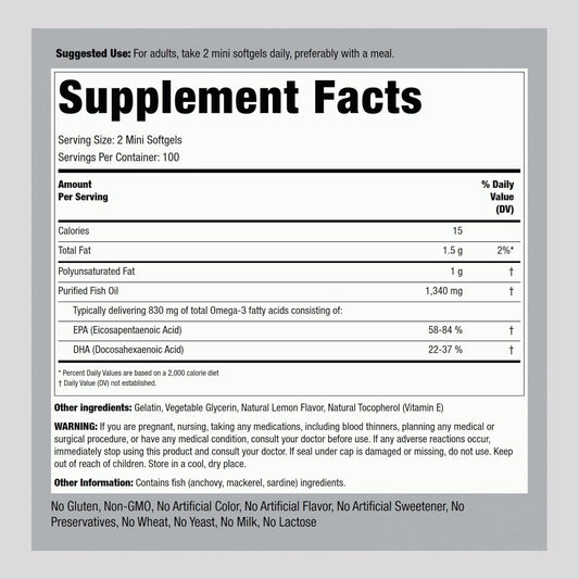 Piping Rock Mini Fish Oil Softgels 1340mg | 200 Pills | Mini Lemon Flavor Supplement | Omega-3 | Non-GMO, Gluten Free