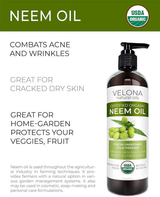 Velona Neem Oil Usda Certified Organic - 8 Oz | 100% Pure And Natural Carrier Oil | Virgin, Unrefined, Cold Pressed | Hair, Body And Skin Care | Use Today - Enjoy Results…