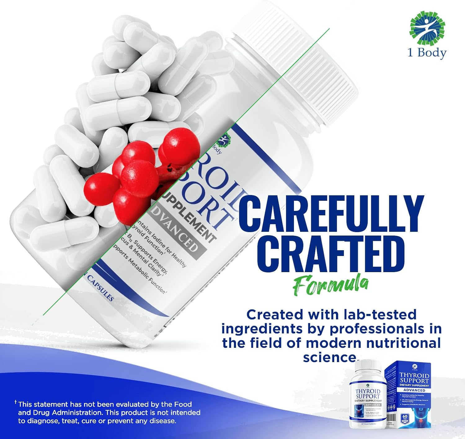 1 Body Thyroid Support Supplement with Iodine - Energy & Focus Support Formula - Vegetarian & Non-GMO - Vitamin B12 Complex, Zinc, Selenium, Ashwagandha, Copper & More 30 Day Supply : Health & Household