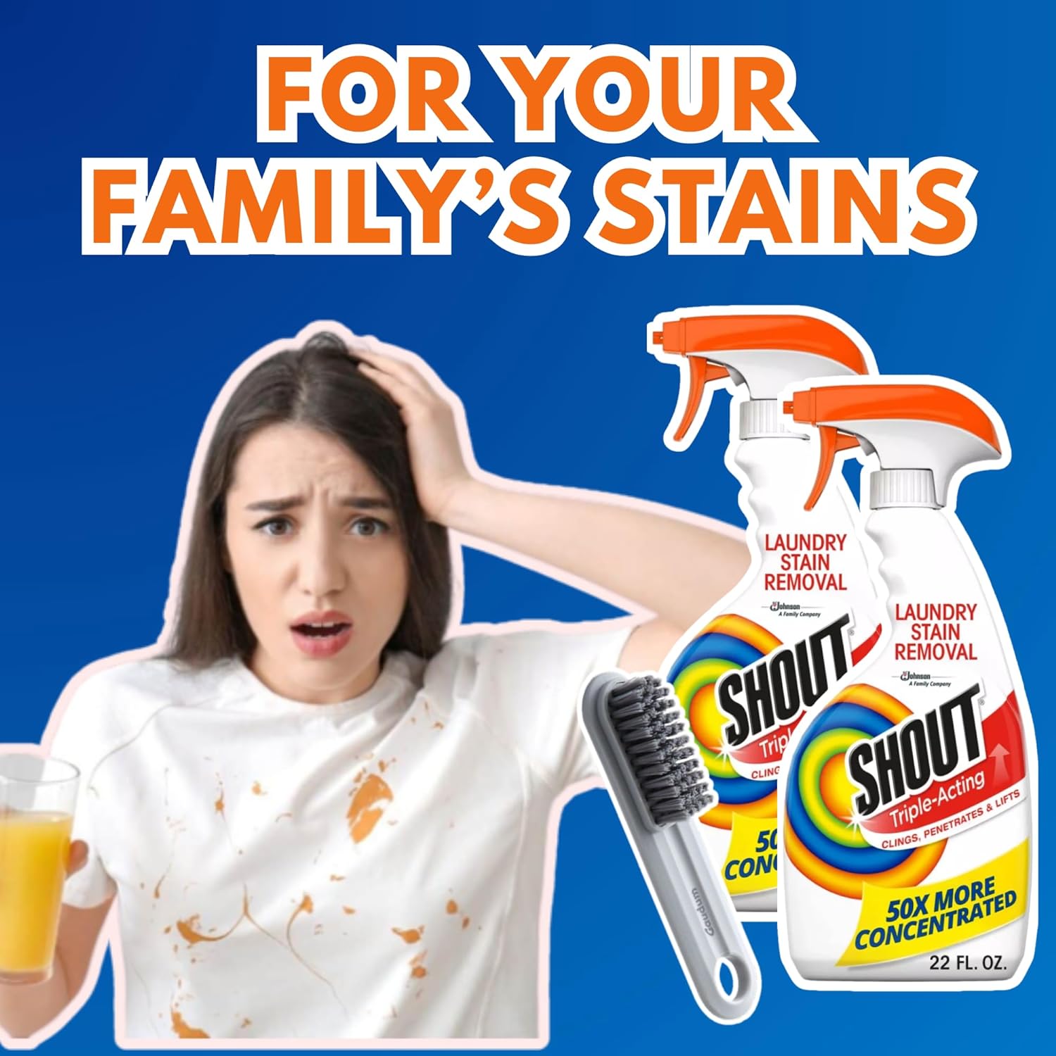 Shout Stain Remover Spray For Clothes - Shout Triple-Acting - 22 FL OZ (Pack of 1) + 1 Gaudum Laundry Stain Brush : Health & Household