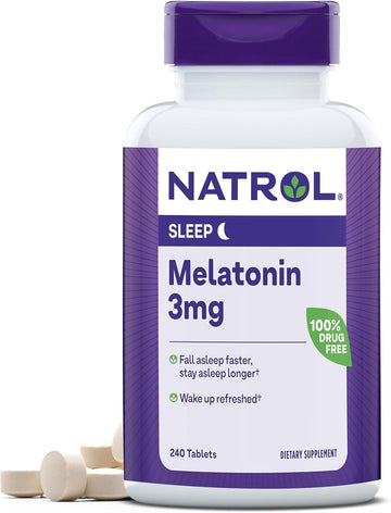 Natrol 3Mg Melatonin Sleep Aid Tablets, Fall Asleep Faster, Stay Asleep Longer, 99% Pure Melatonin, Dietary Supplement, 240 Count