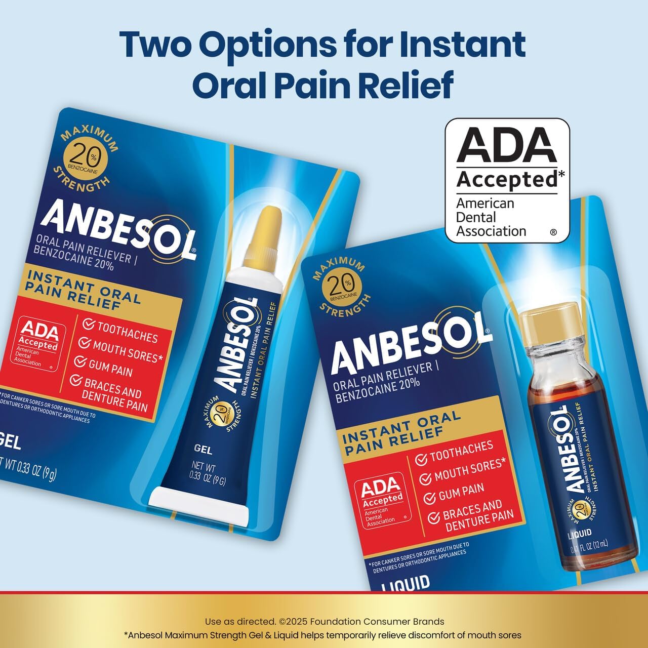 Anbesol Maximum Strength Liquid, Instant Oral Pain Relief For Toothaches, Mouth Sores*, Gum, Braces & Denture Pain, Ada Accepted, 0.41 Oz