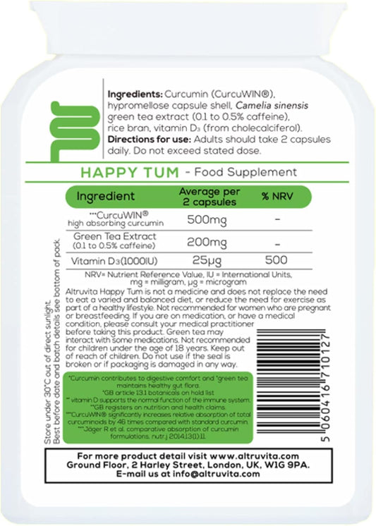 Altruvita Happy Tum | Vitamin D3, Curcumin & Green Tea | 60 Days Supply | Immune Support | Sensitive Gut Supplement | 60 Capsules | Vegetarian Approved