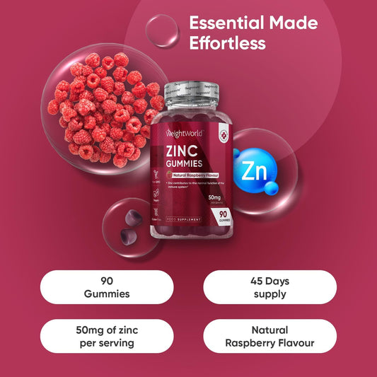 Zinc Citrate Gummies 50Mg - 45 Days Supply - 90 Gummies - Zinc Supplement For Men & Women - Easy To Chew - Natural Raspberry Flavour - Vegan, Non-Gmo & Magnesium Stearate-Free