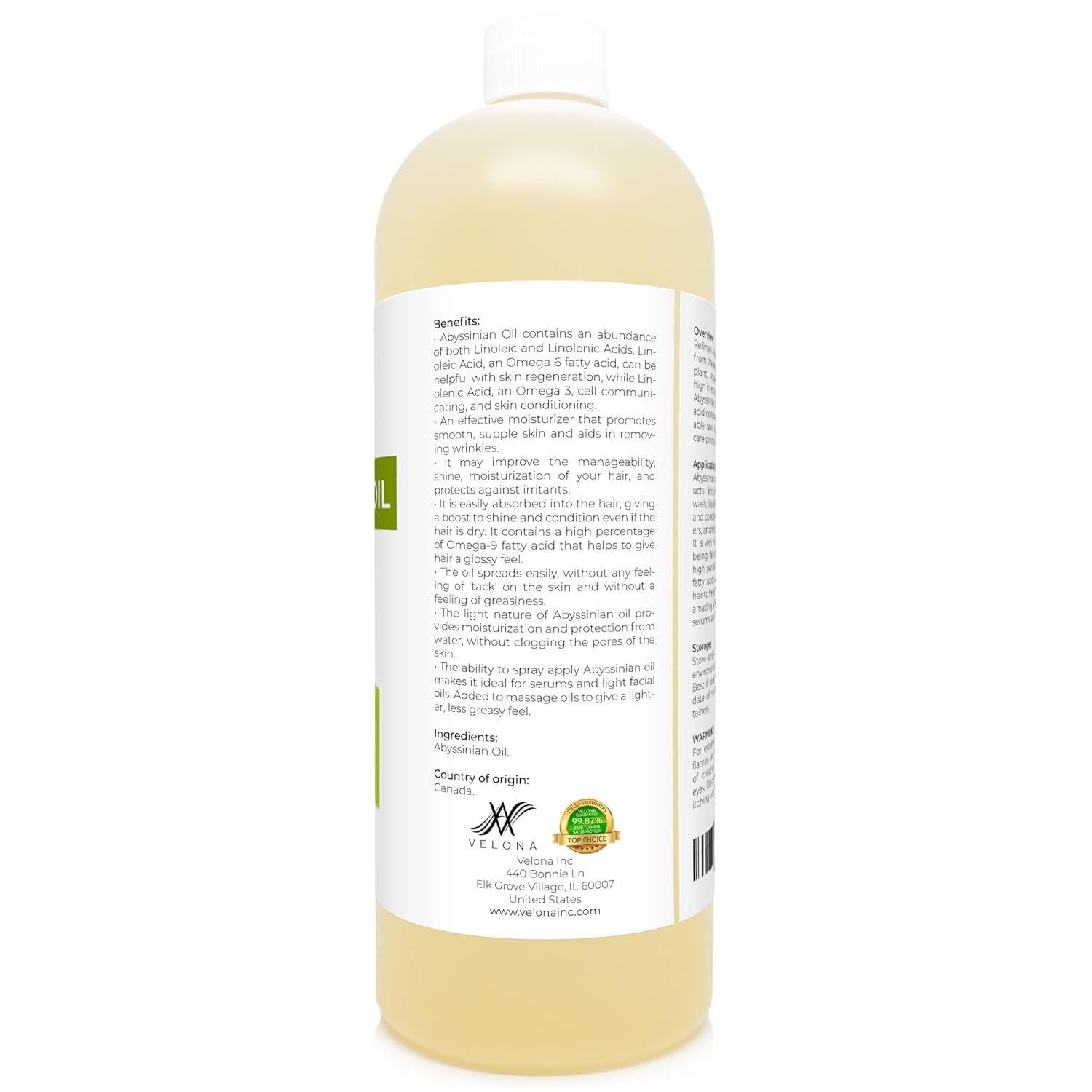 velona Abyssinian Oil 32 oz | 100% Pure and Natural Carrier Oil | Cold Pressed | Hair, Body Care | Use Today - Enjoy Results : Beauty & Personal Care
