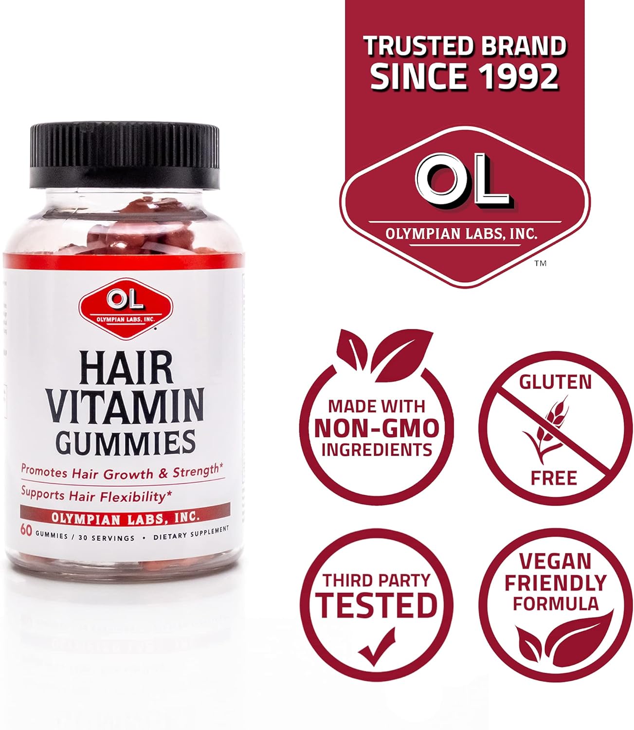Olympian Labs Hair Vitamin Gummies | Rich in Vitamins and Minerals | 60 Count Great Tasting Berry Flavor : Health & Household