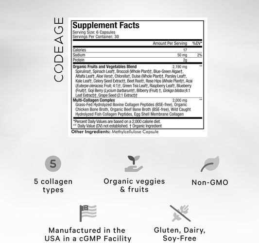 Codeage Multi Collagen Protein + Organic Raw Greens Superfood Capsules Supplement, 21 Fruits & Veggies, Grass-Fed Hydrolyzed Collagen Peptides, 5 Types All-In-One, 180 Count