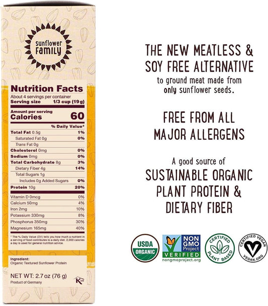 Organic Sunflower Haché - 6 Pack - 10G Protein - Plant Based Meat Substitute - Certified Organic, Sunflower Texture Protein