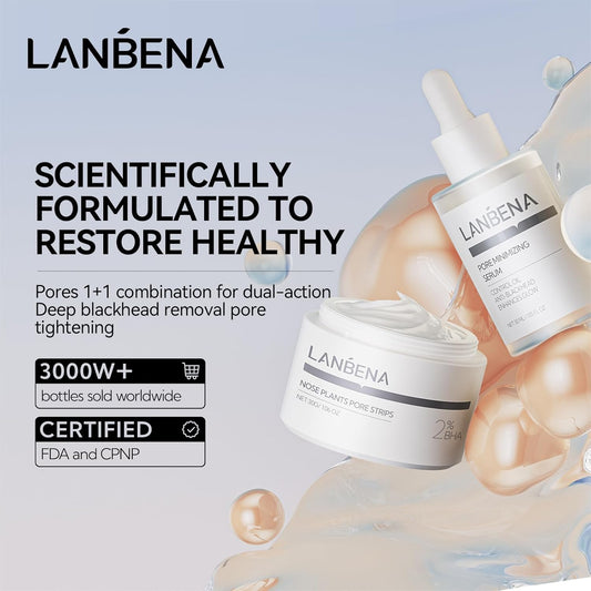 Lanbena 3-In-1 Blackhead Removal Set - Pore Strips (30G), Pore Minimizing Serum (30Ml) & Removal Paper - Mask For Face, Minimizes Pores & Leaves Skin Fresh & Clean, Blackhead Remover