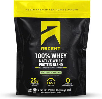 Ascent 100% Whey Protein Powder - Post Workout Whey Protein Isolate, Zero Artificial Flavors & Sweeteners, Gluten Free, 5.5G Bcaa, 2.6G Leucine, Essential Amino Acids, Mint Chocolate Chip, 1 Lb