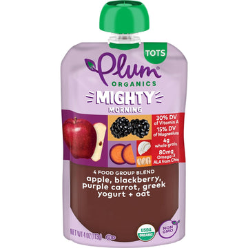 Plum Organics Mighty Morning Organic Toddler Food - Apple, Blackberry, Purple Carrot, Greek Yogurt, and Oat - 4 oz Pouch - Organic Fruit and Vegetable Toddler Food Pouch